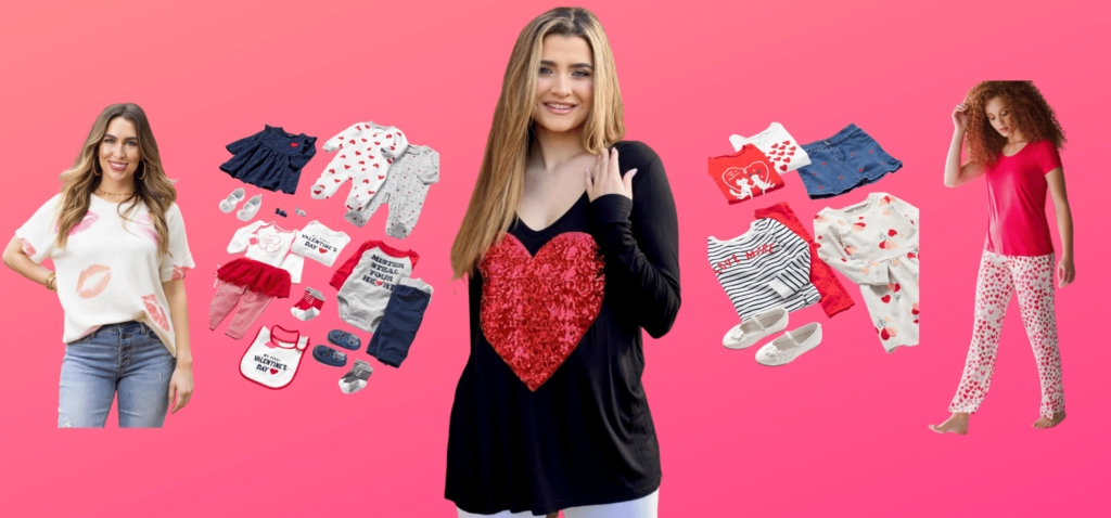 Valentine's Day tee shirts and tops for her and Valentine clothing for children.