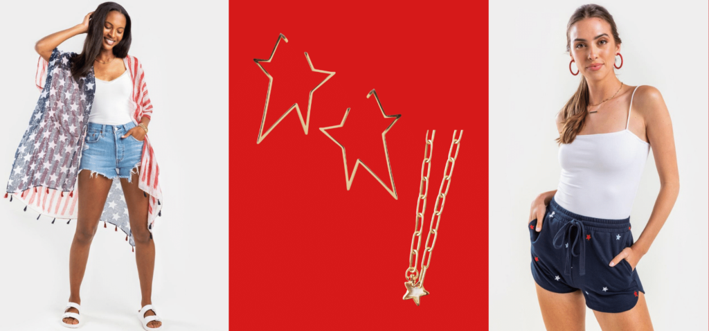 Francesca’s is also has cute and casual Fourth of July style. Get star-themed jewelry from French Cuff Boutique at Town and Country Village..