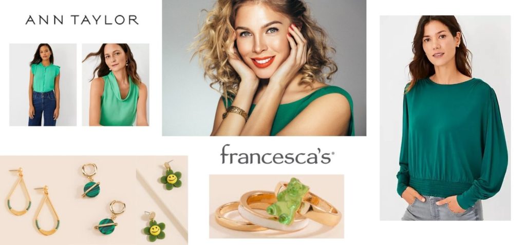 Francesca's and Ann Taylor at Town and Country Village have the most fun earrings and green blouses separates