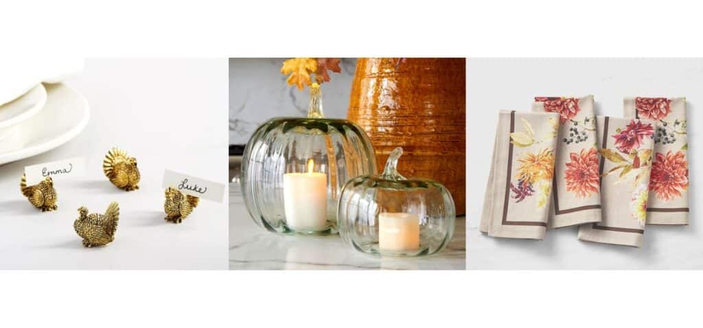 Set a Festive Table for Thanksgiving Holiday in 2022. Think Festive Napkins, Placeholders and Pumpkin Candle Holders from Williams Sonoma at Town & Country Village in Houston. 